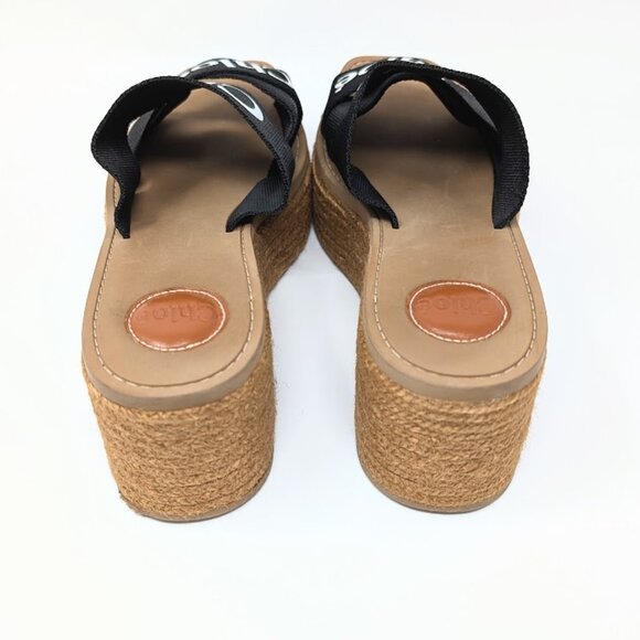 CHLOÉ Woody Wedge Espadrille Platform Sandal Black Canvas Logo Strap EU 41 US 11 - Picture 6 of 9